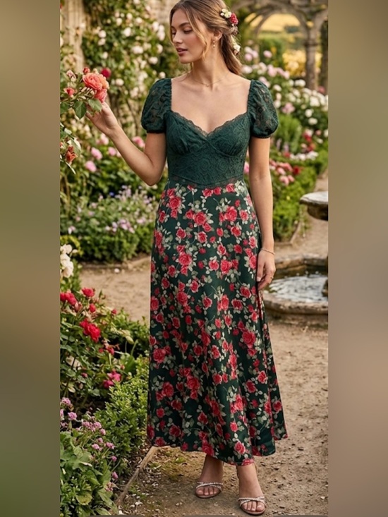 Altar'd State Dresses & Skirts - Altar'd State Floral Print Midi Dress Lace Bodice Short Sleeve Size M